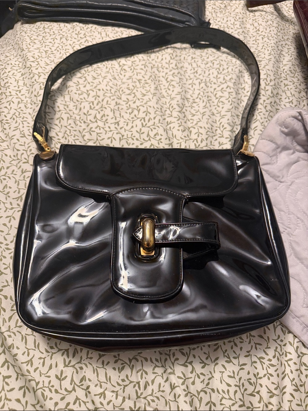 Vintage Black Patent Shoulder Bag with Gold Hardware